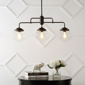 Avery 37.5" Industrial Farmhouse Rustic Iron/Glass Linear LED Pendant - JONATHAN Y